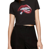 T-shirt in jersey di cotone washed Slim fit crop con stampa labbra nero
