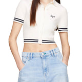 Polo crop Slim fit a coste con logo script ricamato crema