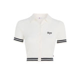 Polo crop Slim fit a coste con logo script ricamato crema