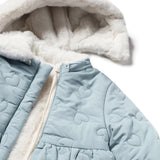 Piumino zip cappuccio reversibile celeste/bianco
