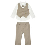 Completo cerimonia neonato camicia, finto gilet e pantalone beige