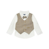 Completo cerimonia neonato camicia, finto gilet e pantalone beige