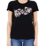 T-shirt con stampa floreale con strass nero