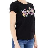T-shirt con stampa floreale con strass nero