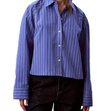 Camicia button-down a righe corta dal taglio squadrato bianco/azzurro