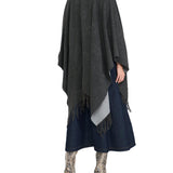 Poncho con logo e frange grigio