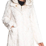 Cappotto lungo ecopelliccia Yes Zee donna finto gilet e cappuccio trapunta avorio