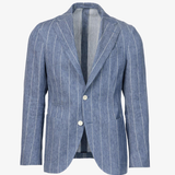 Giacca Napoli monopetto in lino e cotone gessato azzurro