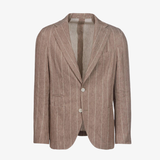 Giacca Napoli monopetto in lino e cotone gessato tabacco