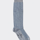 Calza lunga mélange a coste con profilo a contrasto celeste