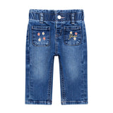 Dark denim baby jeans with pockets and embroidery