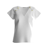 Short-sleeved blouse with matte white V-neck