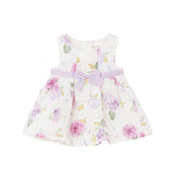 Floral print linen dress with pink baby girl bow