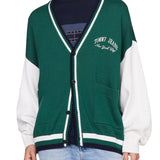 Varsity green colorblock college style cardigan