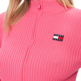 Cardigan a coste con zip e badge logo sul petto fucsia