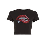 Slim fit crop washed cotton jersey T-shirt with black lips print