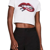 T-shirt in jersey di cotone washed Slim fit crop con stampa labbra bianco