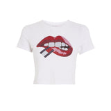 Slim fit crop washed cotton jersey T-shirt with white lips print