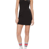 Black logoed taping ribbon straight neckline cut-out mini dress