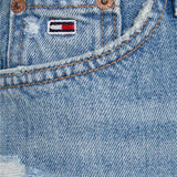 Minigonna di jeans stretch Izzie con orlo sfrangiato, tagli e scuciture denim chiaro