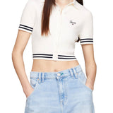 Slim fit ribbed crop polo shirt with cream embroidered script logo