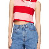 Sleeveless crop polo shirt with multi pink colorblock striped pattern