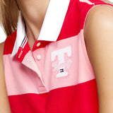 Sleeveless crop polo shirt with multi pink colorblock striped pattern