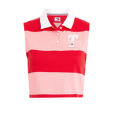 Sleeveless crop polo shirt with multi pink colorblock striped pattern