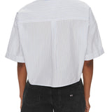 Striped crop shirt with 3/4 sleeves and light blue bow