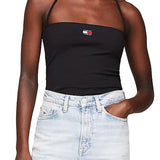 Slim shoulder bandeau top with black central logo badge