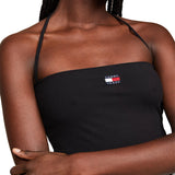 Slim shoulder bandeau top with black central logo badge