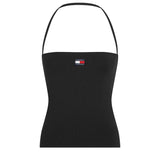 Slim shoulder bandeau top with black central logo badge