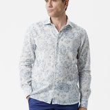 Camicia lino cotone fantasia paisley blu