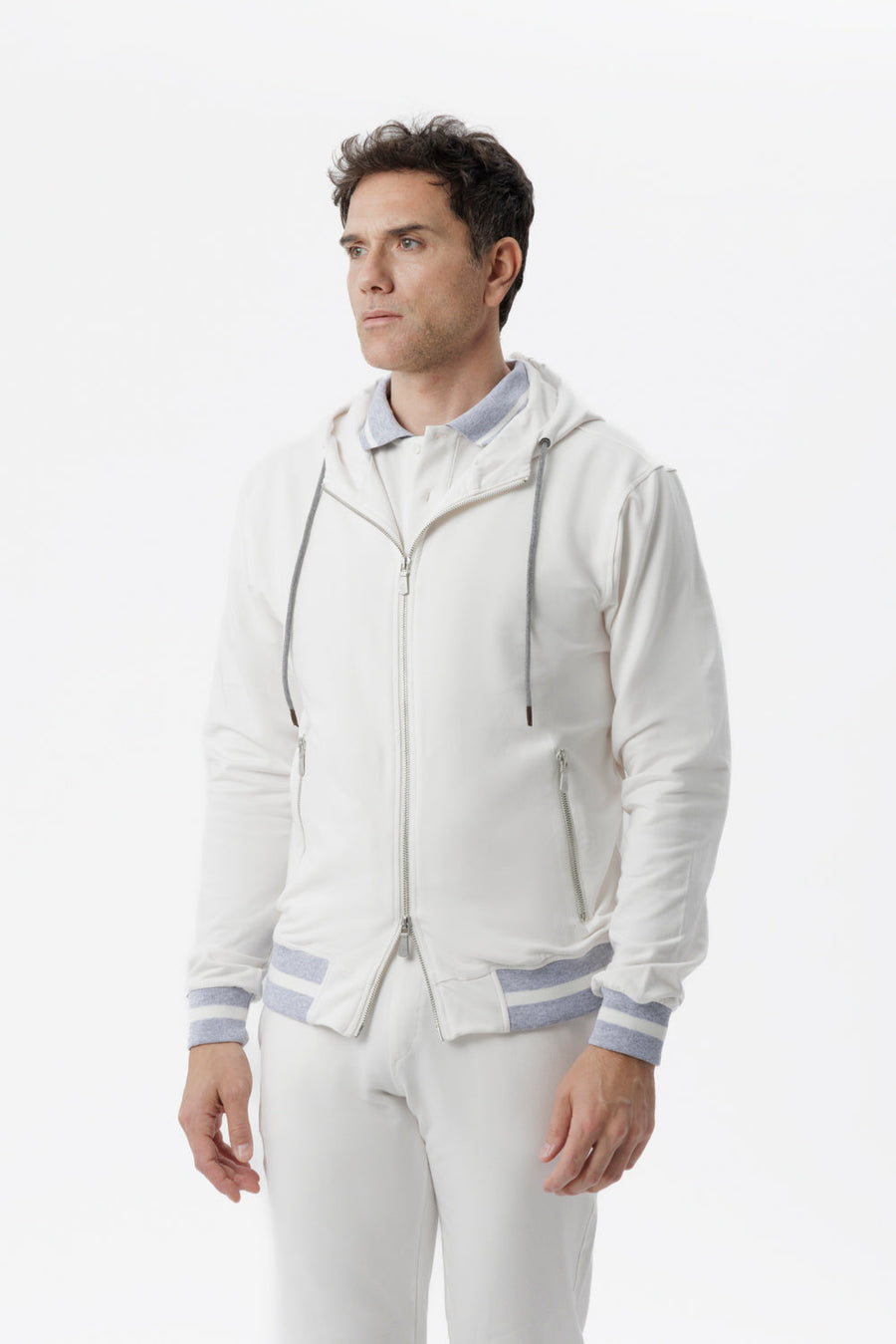 Felpa in cotone con cappuccio e zip bianco