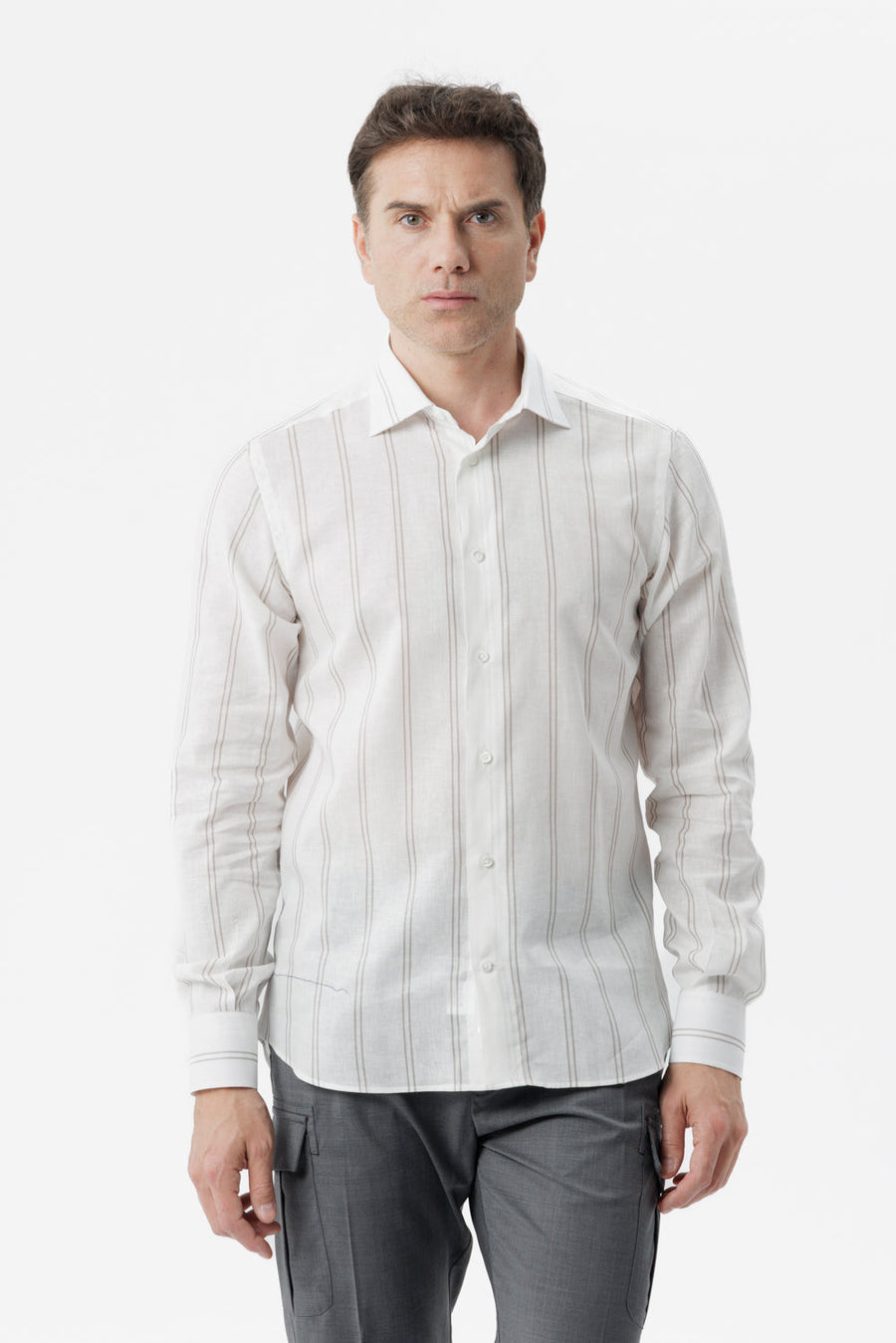 Camicia lino cotone doppia riga grigio