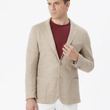 Giacca destrutturata in cotone-lino con chiusura a tre bottoni e taglio vivo beige