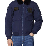 Giubbotto Pilot con collo in ecopelliccia e patches blu notte