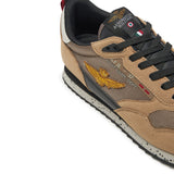 Sneakers ecopelle e mesh con aquila turrita e ricamo posteriore beige/nero