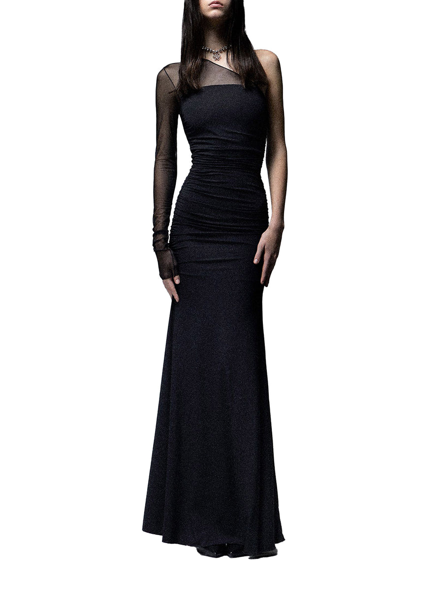 Abito lungo Asymmetric Jett con manica monospalla in tulle nero