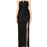 Abito lungo gown lux in paillettes con spacco laterale nero