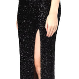 Abito lungo gown lux in paillettes con spacco laterale nero