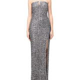 Abito lungo gown lux in paillettes con spacco laterale argento