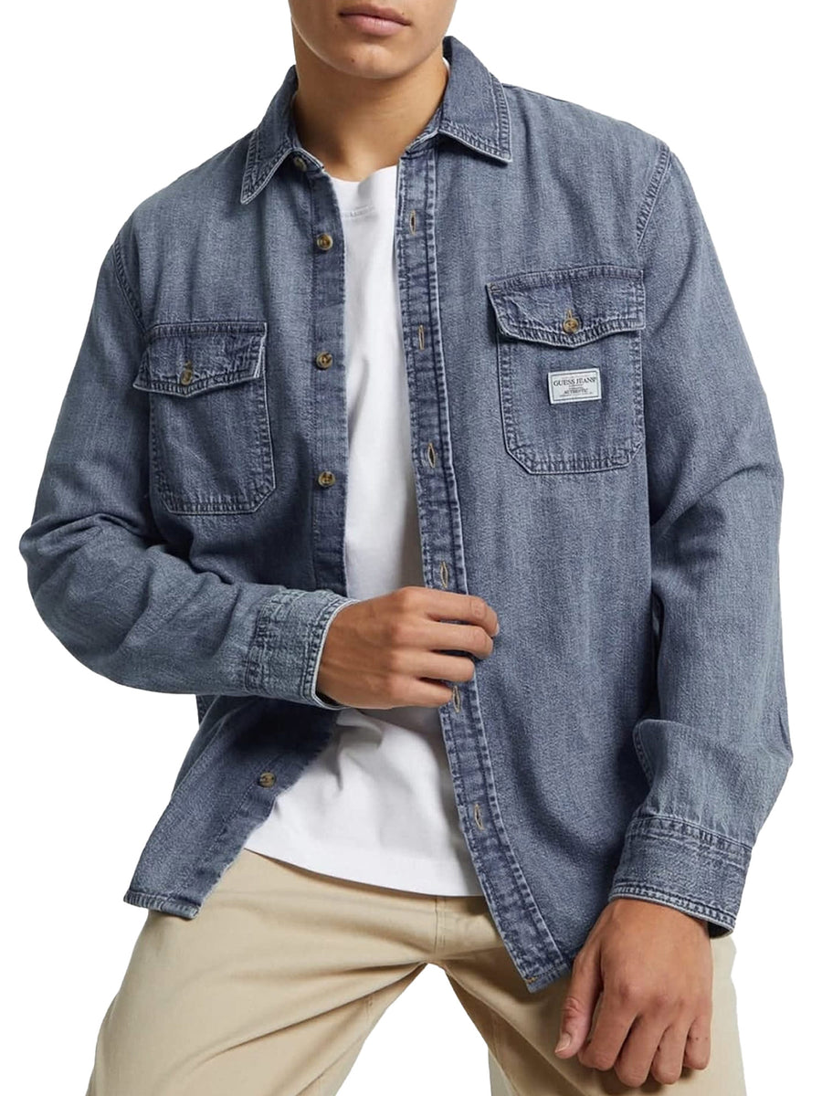 Camicia jeans regular a manica lunga denim medio