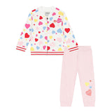 Set tuta felpa zip stampa cuori multicolor allover e jogger neonata rosa