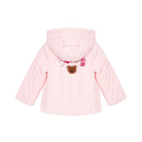 Piumino zip con cappuccio in nylon e tasche con ricami rosa