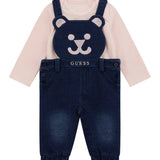 Completo due pezzi neonata salopette in denim e body rosa