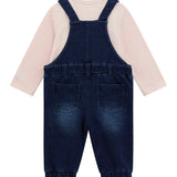 Completo due pezzi neonata salopette in denim e body rosa