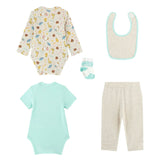 Set nascita (2 body, pantaloni, bavaglino e calze)  azzurro/panna