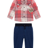 Completo due pezzi neonato jeans e camicia a scacchi rossa