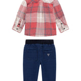 Completo due pezzi neonato jeans e camicia a scacchi rossa